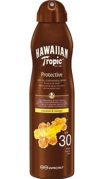 Suchý olej na opaľovanie. Hawaiian Tropic (SPF 30).